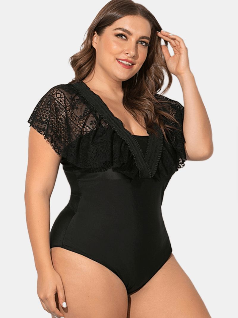Svart Plus Size Spets Sling Deep Necklines Badkläder