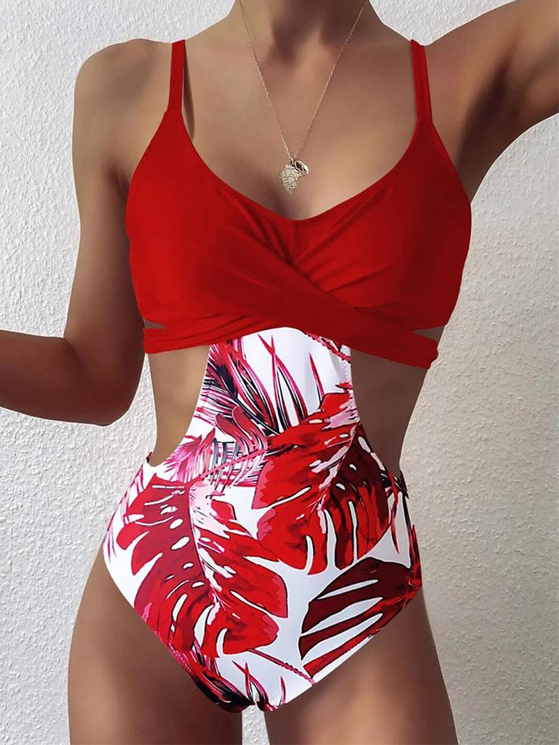 Tropical Plant Med Tryck Cross Cut Out Tie Back Hawaii Style One Piece Baddräkt För Kvinnor