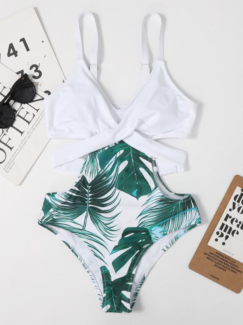 Tropical Plant Med Tryck Cross Cut Out Tie Back Hawaii Style One Piece Baddräkt För Kvinnor