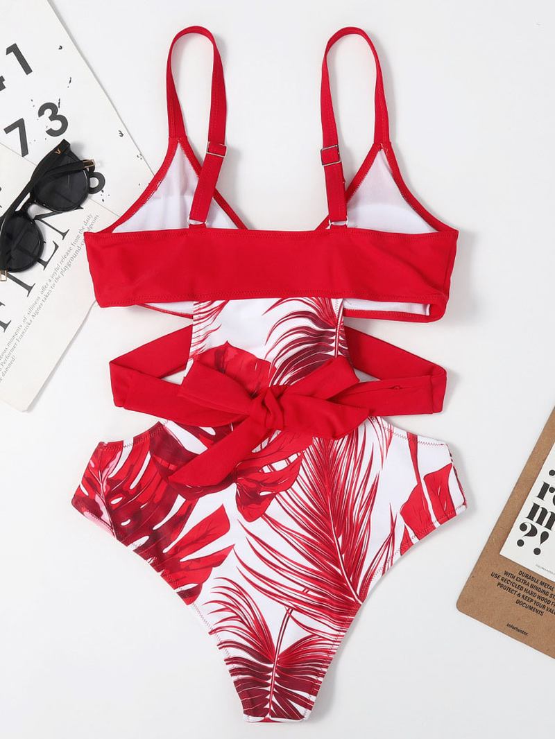 Tropical Plant Med Tryck Cross Cut Out Tie Back Hawaii Style One Piece Baddräkt För Kvinnor