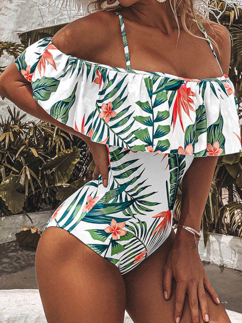 Tropisk Växt Med Tryck Volang Strappy Backless Holiday One Piece Hawaii Style Badkläder