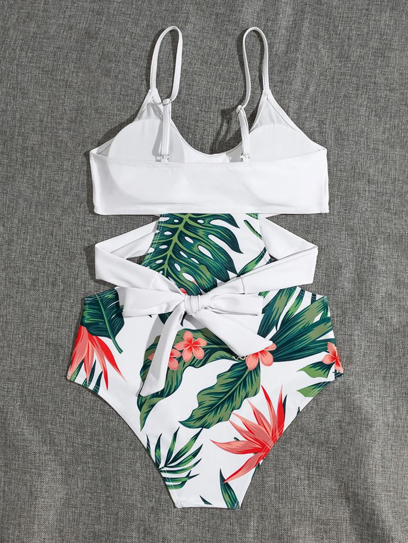 Tropisk Växttryck Kors Och Tvärs Utskuret Med Remmar I Ett Stycke Hawaii Stil Badkläder För Kvinnor
