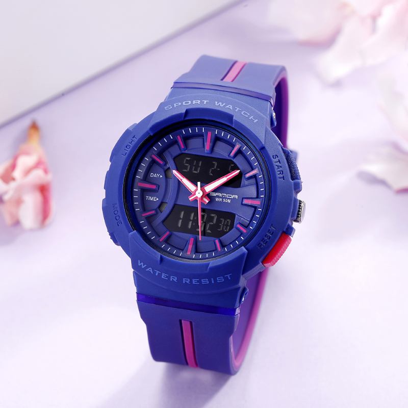 Fresh Färg Mode Style Lysande Display Stötsäker Dual Display Digital Watch