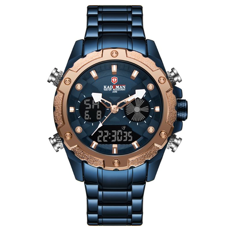 Män Mode Rostfritt Stål Väckarklocka Lysande Display Vattentät Klocka Dual Display Digital Watch