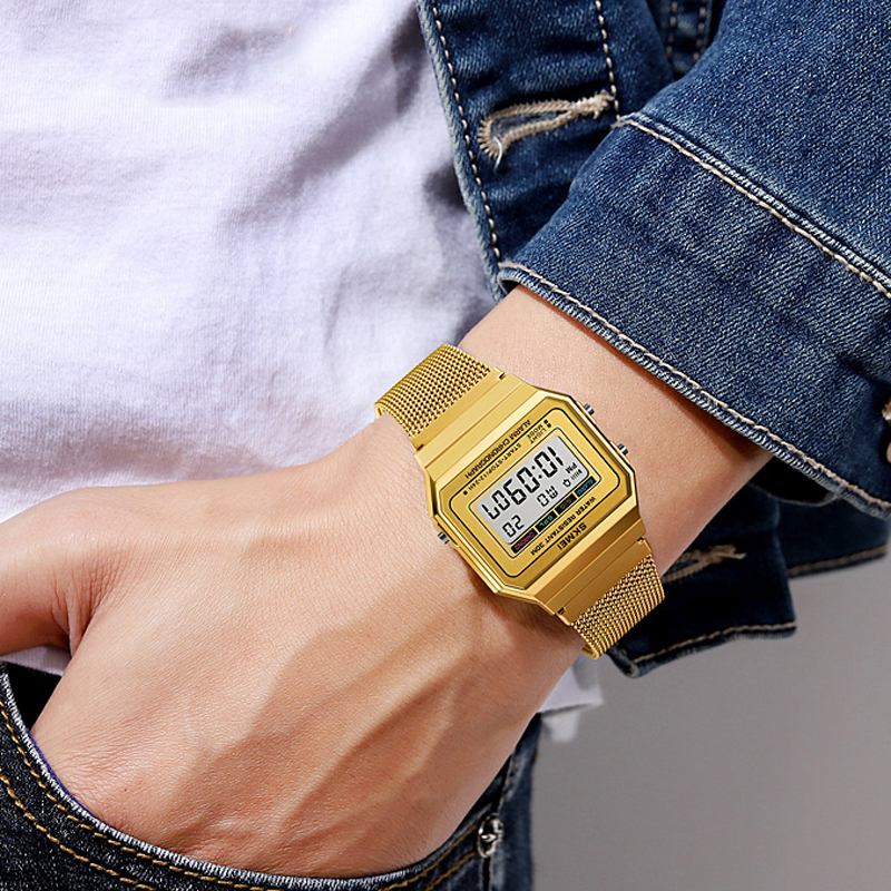 Mode Män Klocka Datum Vecka Display Stoppur Vattentät Led-ljus Business Mesh Bälte Digital Watch