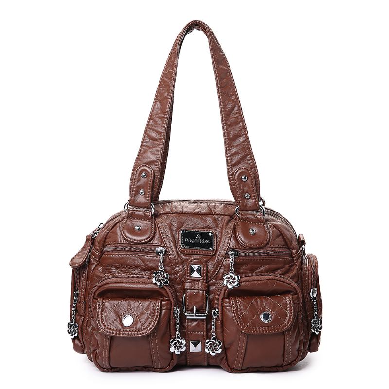 Angel Kiss Kvinnor Mjukt Läder Multi-pocket Motorcykelväska Axelväska Crossbody Bag Handväska