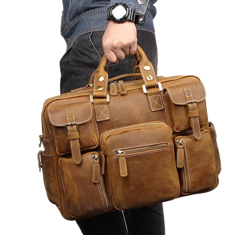 Avtagbar Rem I Äkta Läder För Män Stor 15.6 Tums Bärbar Väska Med Flera Fickor Portfölj Messenger Bag Crossbody-väskor