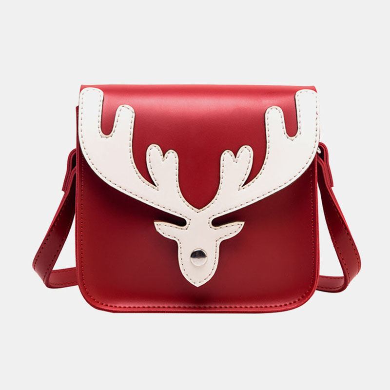 Dam Konstläder Kontrastfärg Jul Älgmönster Liten Fyrkantig Väska Crossbody-väska Axelväska