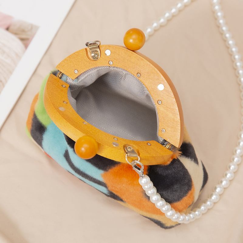 Dam Plysch Tie-dye Patchwork Pearl Chain Axelväska Crossbody Bag