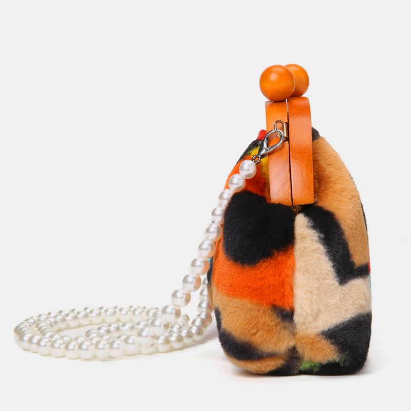 Dam Plysch Tie-dye Patchwork Pearl Chain Axelväska Crossbody Bag