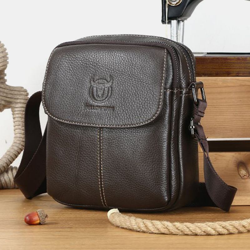 Första Lager Nöthud För Män Crossbody-väska Med Flera Fickor Retro Stor Kapacitet Baksida Stöldskyddsficka Axelväska