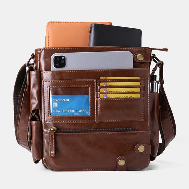 Herr Pu Läder Vintage Business Multifunktion Multi-card Slots Multi-fickor Crossbody Bag Axelväska