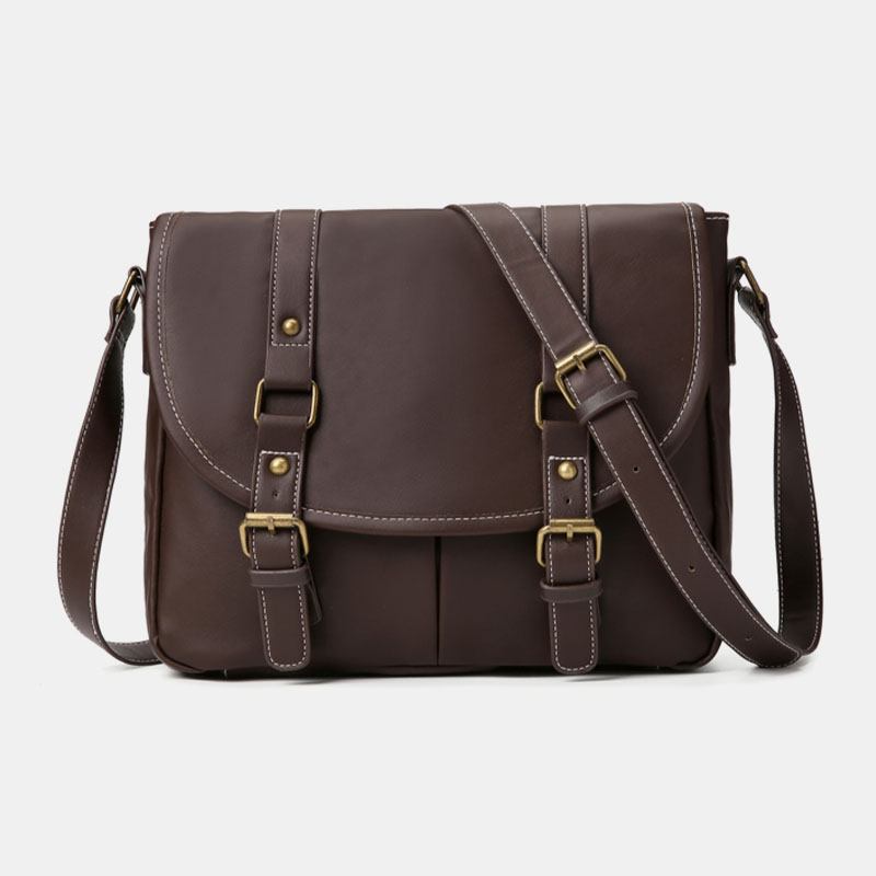 Herr Vintage Large Capacity Multi-pocket Pu Läder Lärarväska Crossbody Bag Kort Axelväska