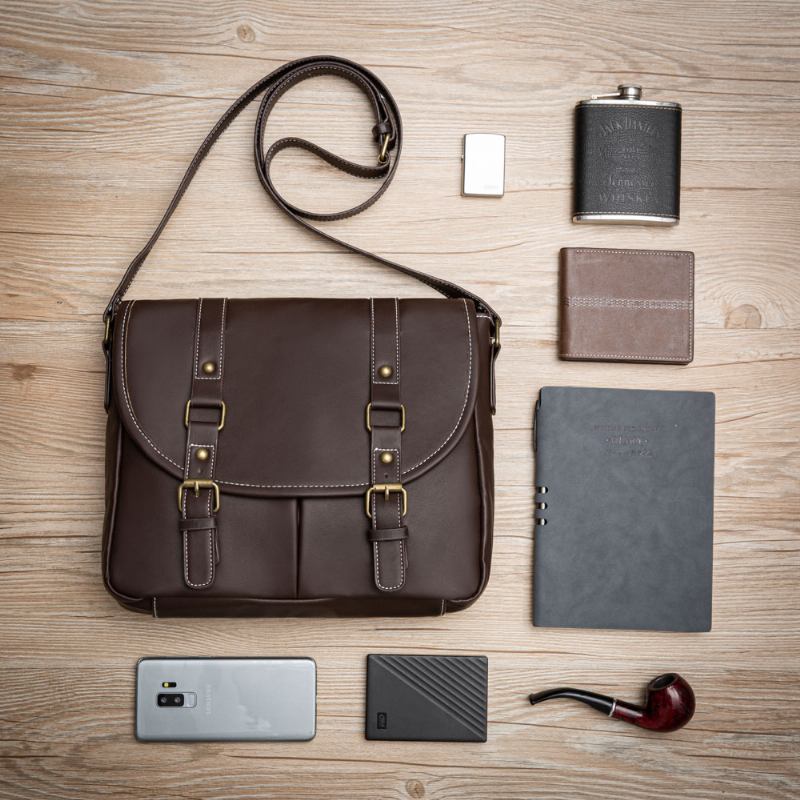 Herr Vintage Large Capacity Multi-pocket Pu Läder Lärarväska Crossbody Bag Kort Axelväska