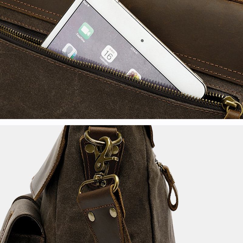 Herr Vintage Multi-fickor Slitstark Portfölj I Äkta Läder Crossbody Axelväska