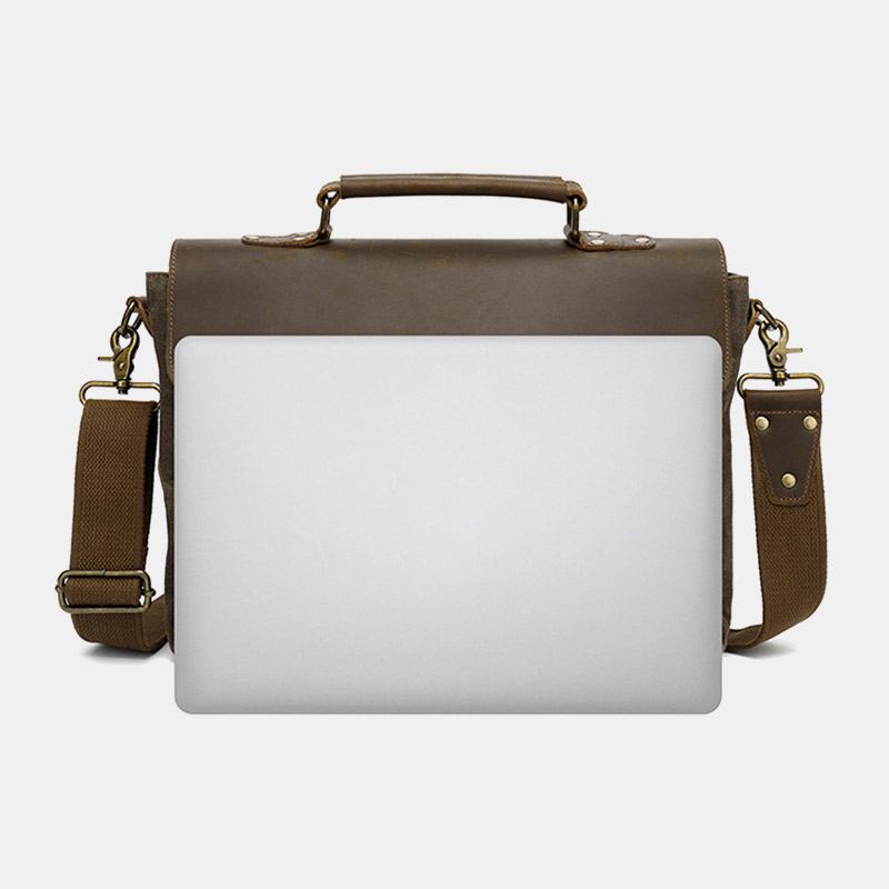 Herr Vintage Multi-fickor Slitstark Portfölj I Äkta Läder Crossbody Axelväska