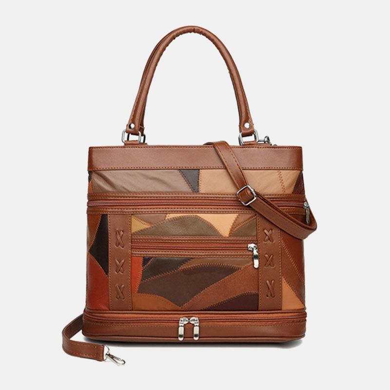 Kvinnor Äkta Läder Geometriskt Mönster Färgmatchning Vintage Handväskor Med Stor Kapacitet Axelväska Crossbody-väskor