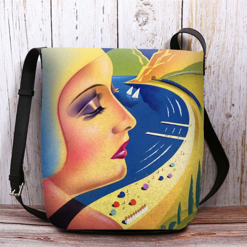 Kvinnor Filtkonstmålning Tecknad Figurtryck Personlighet Crossbody-väska Axelväska