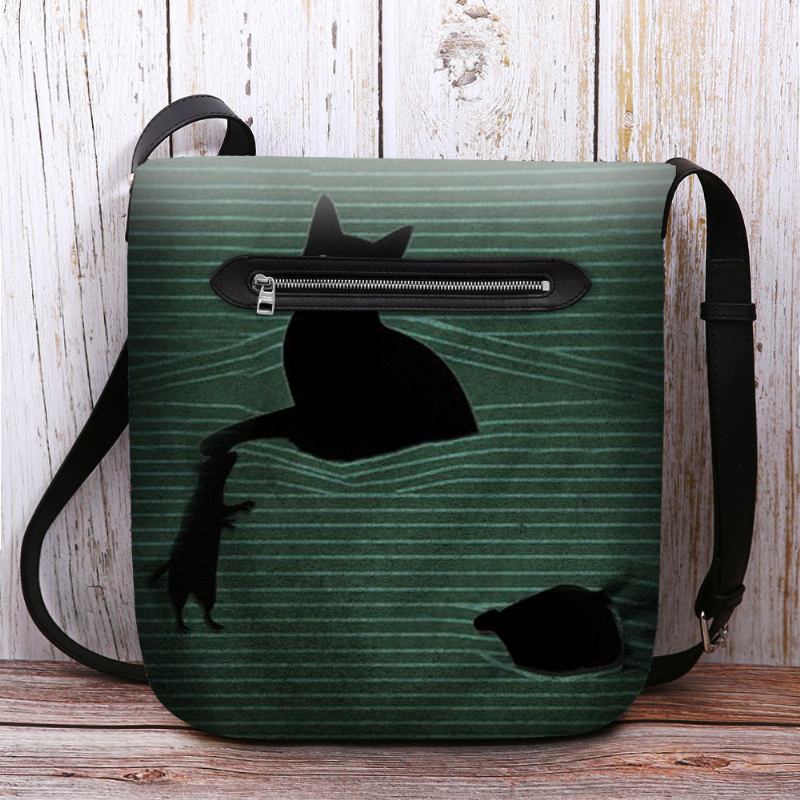 Kvinnor Kände Sig Söt Casual Tecknad Svart Katt Fångad Mus Och Randmönster Crossbody-väska Axelväska