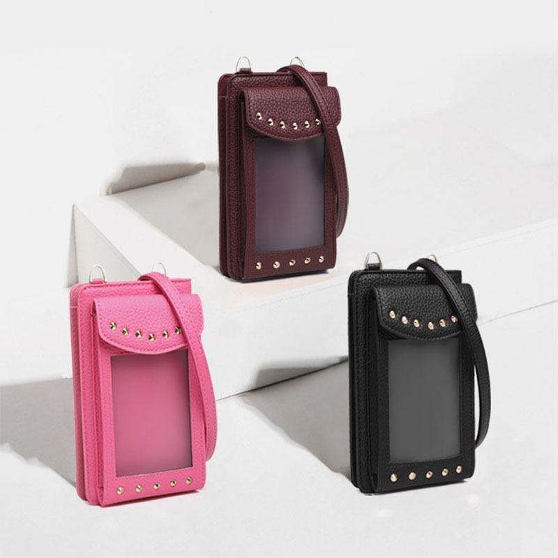 Kvinnor Pekskärm 6.3 Tums Telefonhållare 10 Kortplats Nit Crossbody Väska Plånbok