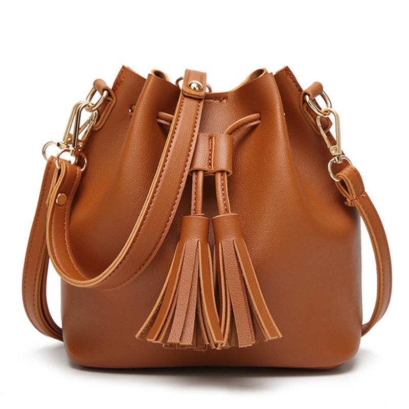 Kvinnor Pu-läder Dragsko Bucket Bags Retro Tofs Axelväskor Crossbody-väskor