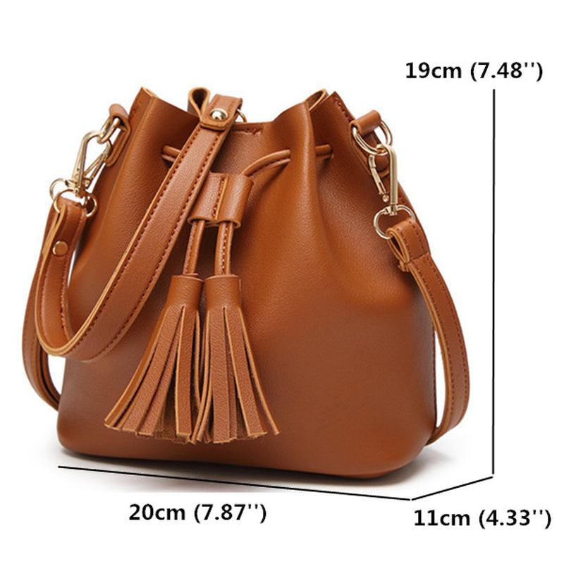 Kvinnor Pu-läder Dragsko Bucket Bags Retro Tofs Axelväskor Crossbody-väskor