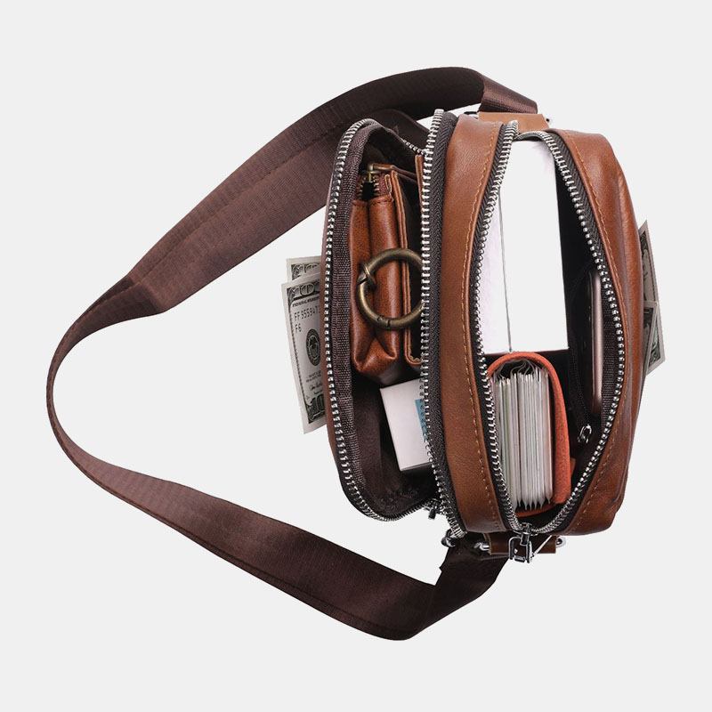Män Äkta Läder Hörlurshål Med Flera Fickor Vintage 6.5 Tums Telefonväska Crossbody-väska Axelväska Messenger Portfölj
