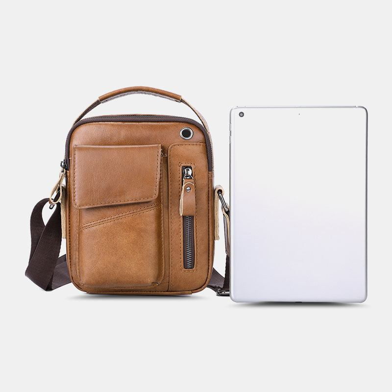 Män Äkta Läder Hörlurshål Med Flera Fickor Vintage 6.5 Tums Telefonväska Crossbody-väska Axelväska Messenger Portfölj