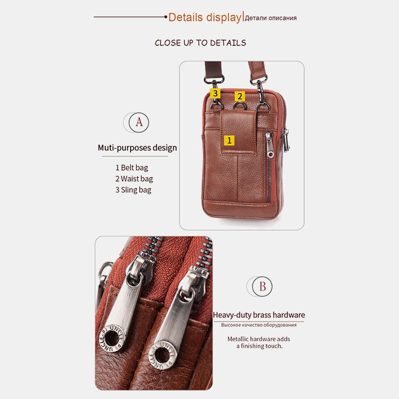 Män Äkta Läder Kohud Multi-carry Retro 7.2 Tums Telefon Crossbody-väska Hängande Bältesväska Midjeväska