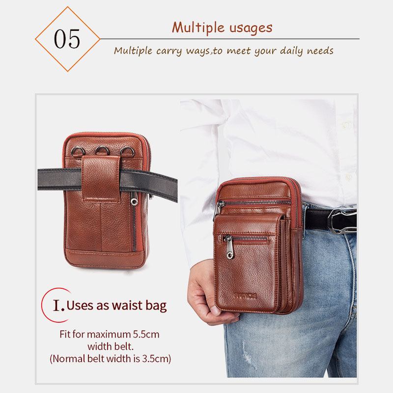 Män Äkta Läder Kohud Multi-carry Retro 7.2 Tums Telefon Crossbody-väska Hängande Bältesväska Midjeväska