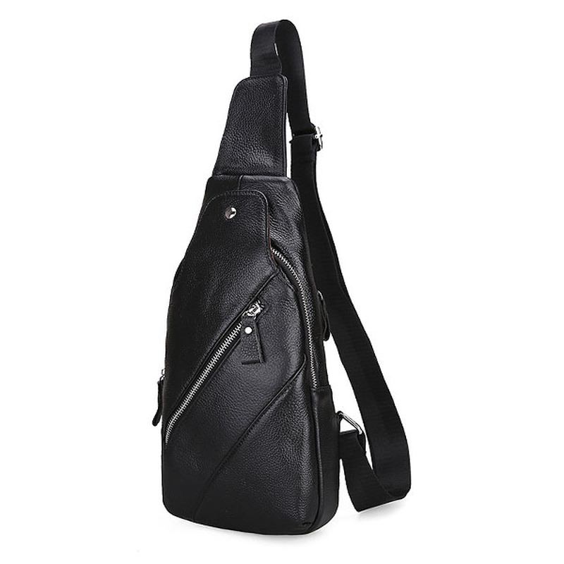 Män Äkta Läder Mode Casual Chest Pack Daypack Sling Bag Axelväska