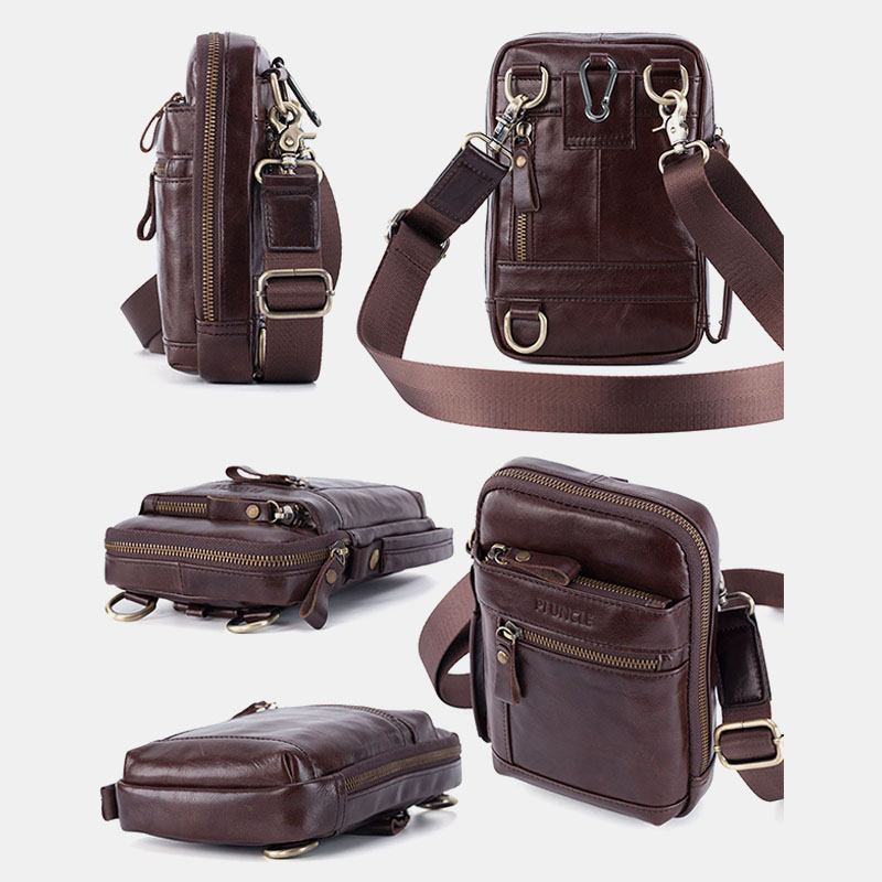 Män Äkta Läder Multi-layer Crossbody-väska Midjebältesväska Axelväska Telefonväska
