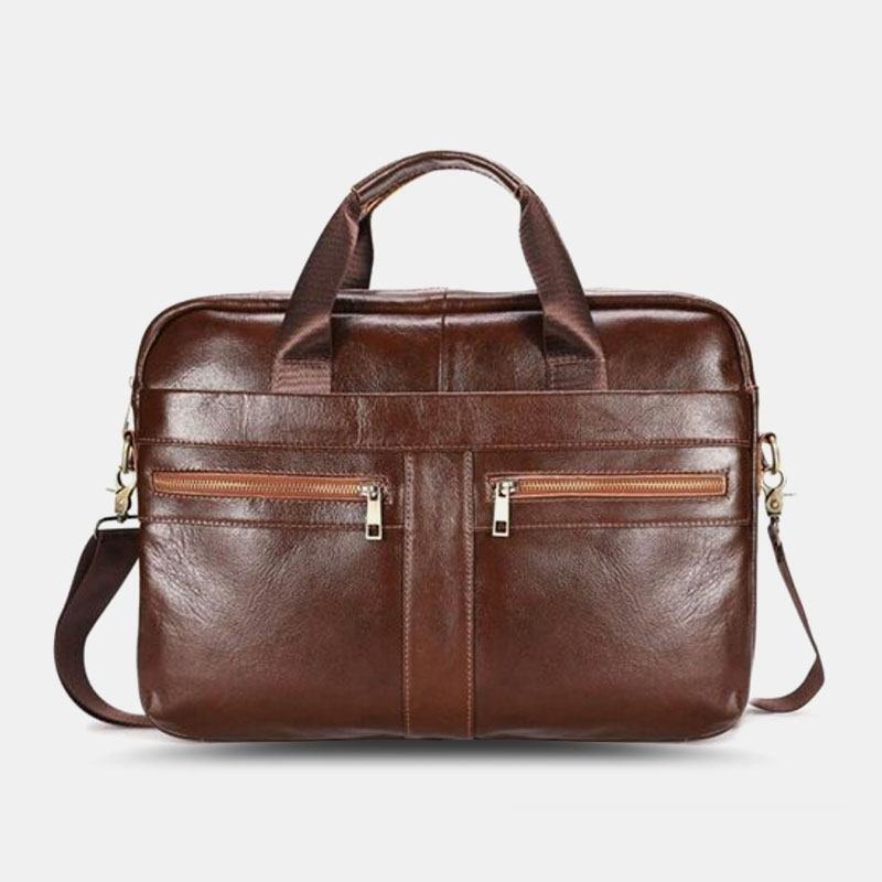 Män Äkta Läder Multi-pocket Vintage 14-tums Bärbar Datorväska Messenger Bag Crossbody-väskor Axelväska Portfölj