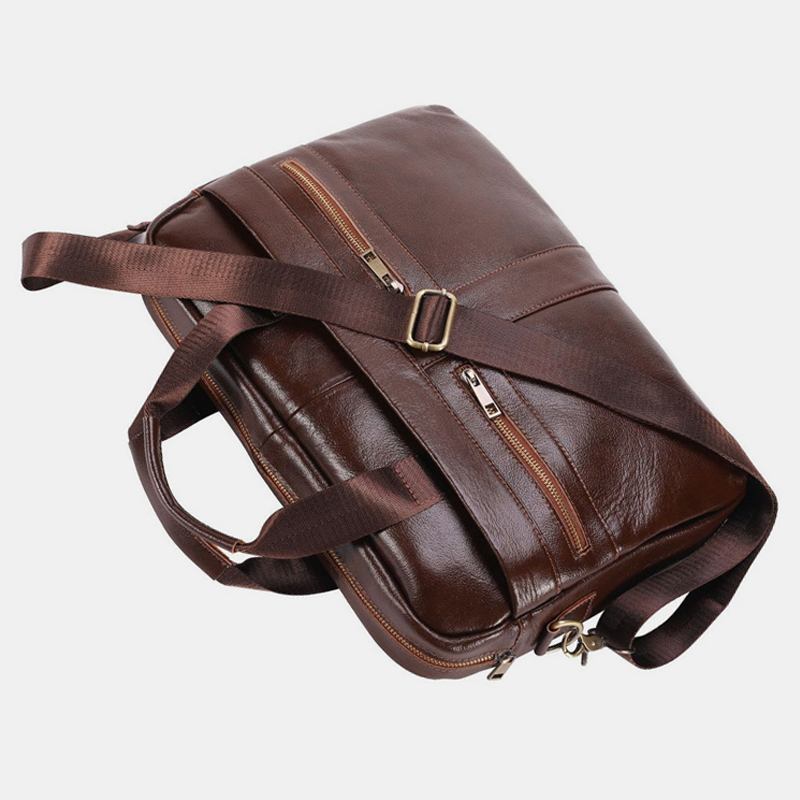 Män Äkta Läder Multi-pocket Vintage 14-tums Bärbar Datorväska Messenger Bag Crossbody-väskor Axelväska Portfölj