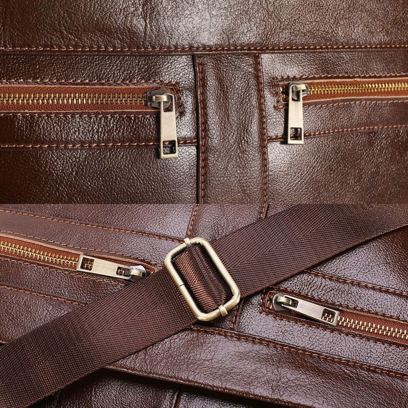 Män Äkta Läder Multi-pocket Vintage 14-tums Bärbar Datorväska Messenger Bag Crossbody-väskor Axelväska Portfölj