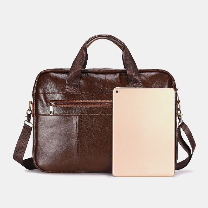 Män Äkta Läder Multi-pocket Vintage 14-tums Bärbar Datorväska Messenger Bag Crossbody-väskor Axelväska Portfölj