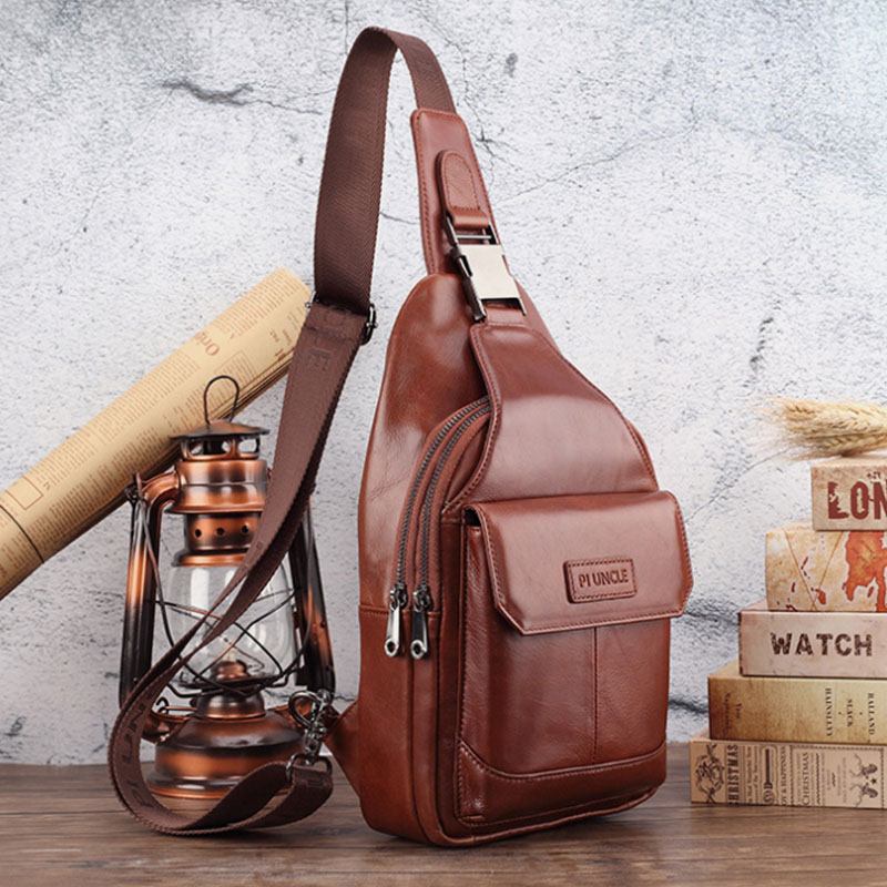 Män Äkta Läder Ny Vinatge Bröstväska Med Stor Kapacitet Axelväska Crossbody-väska