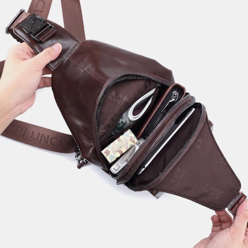 Män Äkta Läder Ny Vinatge Bröstväska Med Stor Kapacitet Axelväska Crossbody-väska