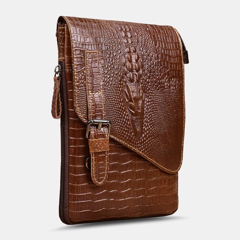 Män Äkta Läder Slitstark Krokodiltextur Casual Crossbody-väska Axelväska