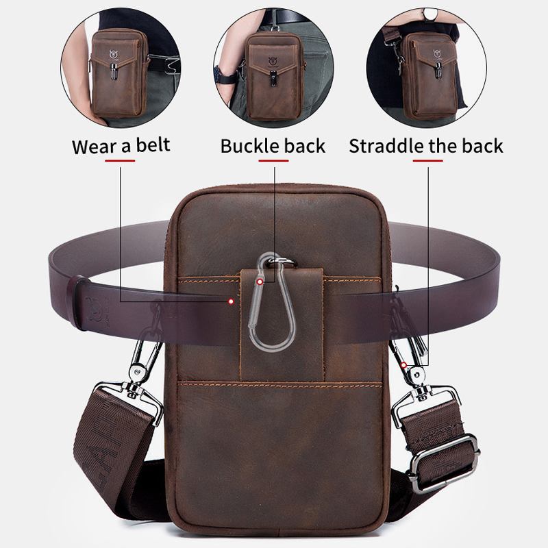 Män Äkta Läder Vintage 6.5 Tums Telefonväska Med Stor Kapacitet Midjeväska Axelväska Crossbody-väska