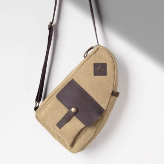 Män Canvas Patchwork Bröstväska I Äkta Läder