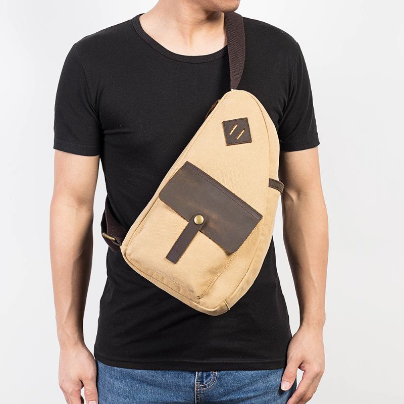 Män Canvas Patchwork Bröstväska I Äkta Läder