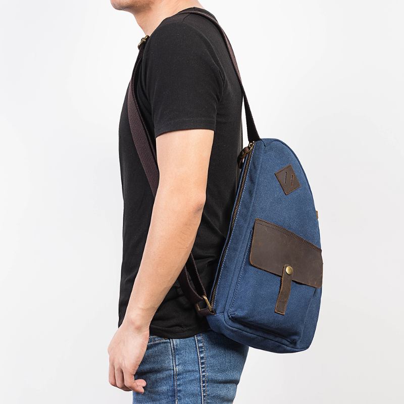 Män Canvas Patchwork Bröstväska I Äkta Läder