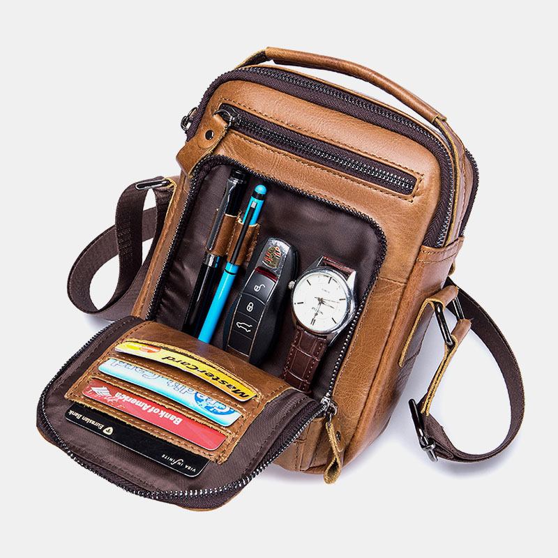Män Crossbody-väskor I Äkta Läder Med Flera Fickor Baksida Stöldskyddsficka Design Slitstark Messenger-väska Med Stor Kapacitet Handväska