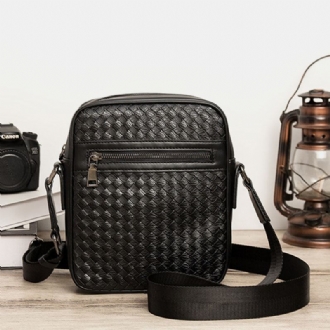 Män Pu Mjukt Läder Stor Kapacitet Vävd Crossbody Axelväska