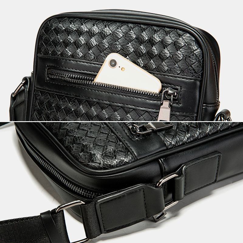 Män Pu Mjukt Läder Stor Kapacitet Vävd Crossbody Axelväska