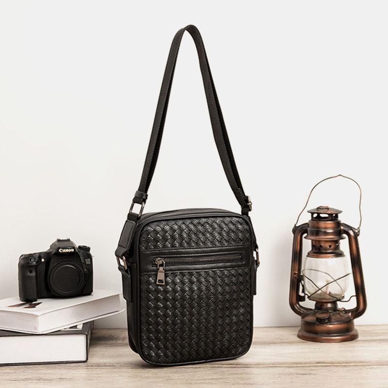 Män Pu Mjukt Läder Stor Kapacitet Vävd Crossbody Axelväska