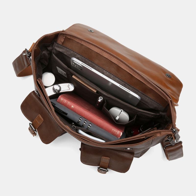 Män Vintage Multifunktion Dubbel Front Pocket Lärarväska Portfölj 14 Tum Laptopväska Crossbody Axelväska