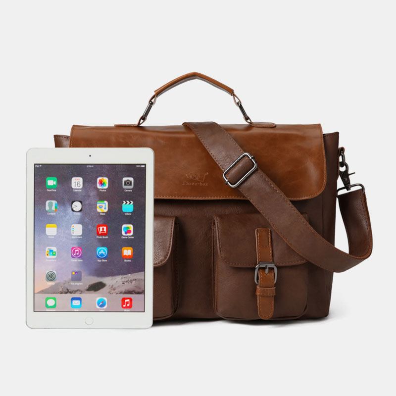 Män Vintage Multifunktion Dubbel Front Pocket Lärarväska Portfölj 14 Tum Laptopväska Crossbody Axelväska