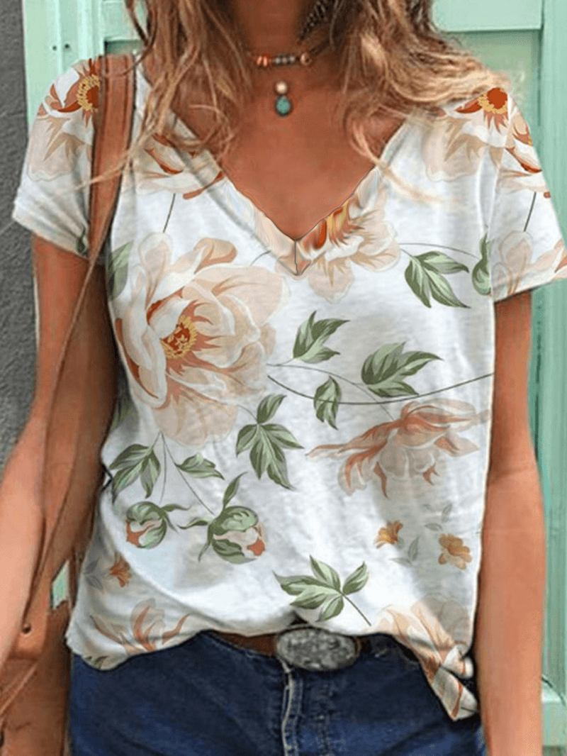 Blommönster V-ringad Kortärmad Casual T-shirt För Kvinnor